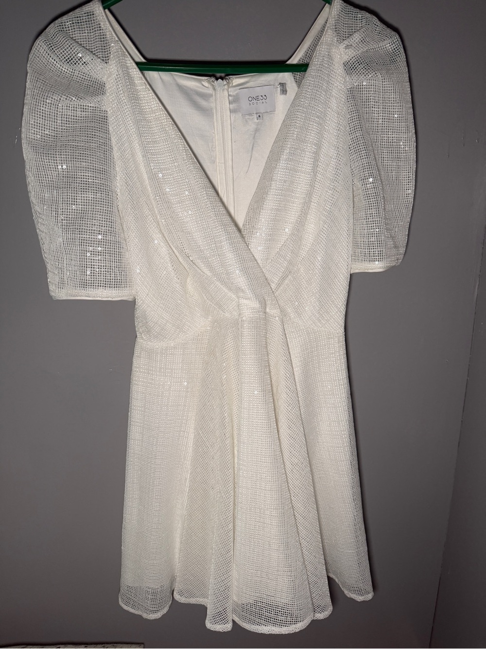 One33 White Mini shiny sequin party Dress with Puff Sleeves
